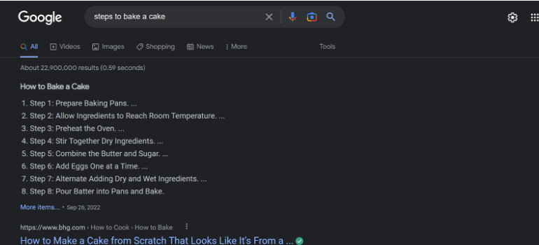 google featured snippet example - Steps to bake a cake