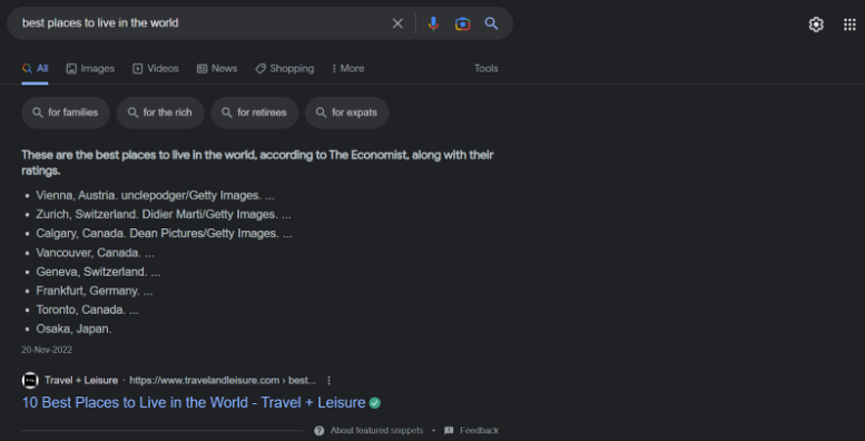 best places to live in the world - google featured snippet example